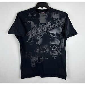 Vintage Y2K Harley Davidson Big Skulls Graphic T - Shirt / Black/Faded / Large